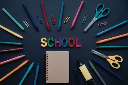 Learning essentials arranged around notebook on dark backgroundの写真素材