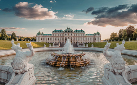 Majestic palace with fountain in front of it during sunsetの写真素材