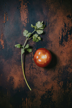 A fresh tomato with green leaves on a dark background.の写真素材