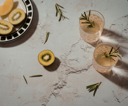 Two glasses of kiwi and rosemary infused water or cocktail on a marble surface with sliced kiwis and a lemon wedge on a plate.の写真素材