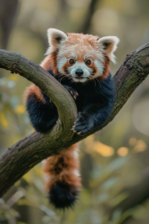 A red panda is seen resting on a tree branch, showcasing its distinctive orange and black fur, white markings on its face, and bushy tail.の写真素材