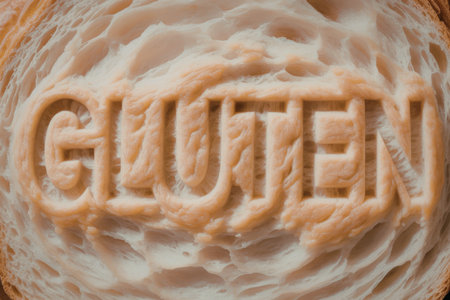 A close-up of bread with the word 'gluten' carved into it, emphasizing the concept of gluten-free diets and the importance of gluten in baking.の写真素材