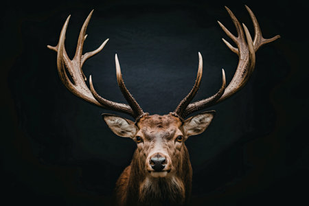 Majestic deer with impressive antlers standing against dark backgroundの写真素材