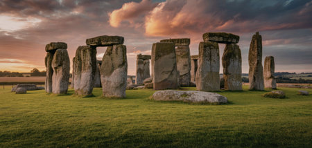 stonehenge monument during sunset with green grass and cloudy skyの写真素材