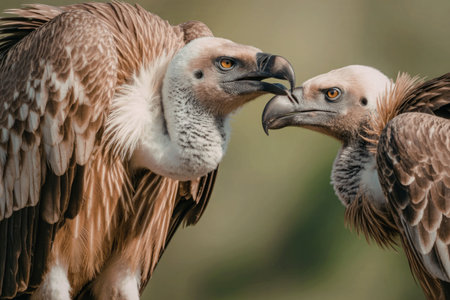 Vultures sharing food in harmonious interactionの写真素材