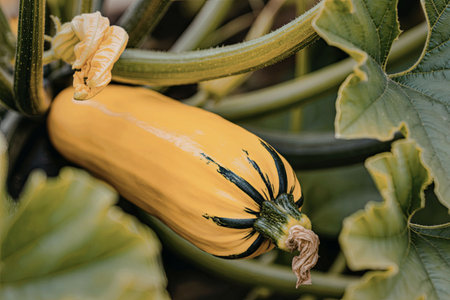Fresh yellow squash growing in the garden with green leavesの写真素材