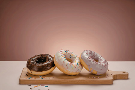Three donuts with different toppings on a wooden boardの写真素材