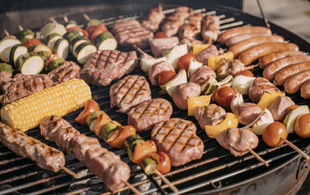 A vibrant and appetizing image of various barbecue skewers on a grill, featuring grilled meat, colorful vegetables, and corn on the cob, perfect for a summer barbecue or outdoor cooking event.の写真素材
