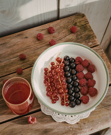 A bowl of assorted berries and a glass of juice on a rustic wooden tableの写真素材