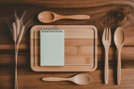 Simple wooden utensils and notepad on a wooden tableの写真素材