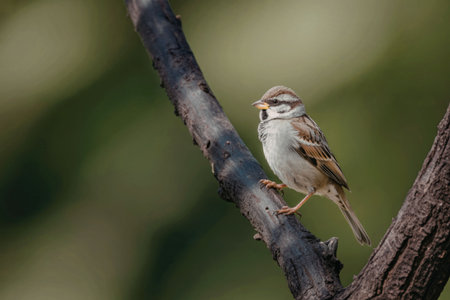 A small bird with white and brown feathers perched on a tree branch, looking to the side with a blurred green background.の写真素材