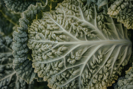 The image is a close-up of fresh green kale leaves, showcasing their intricate texture and vibrant color.の写真素材