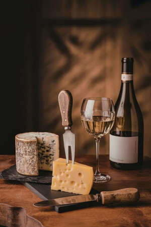 A wine glass and bottle next to a cheese board with cheese and a knifeの写真素材