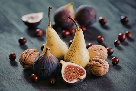 A still life of pears, figs, walnuts, and cranberries arranged on a dark surfaceの写真素材