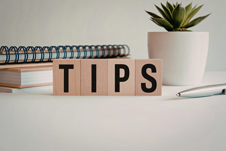A well-organized workspace with a plant, notebooks, and a pen, featuring wooden blocks with the word 'TIPS'の写真素材