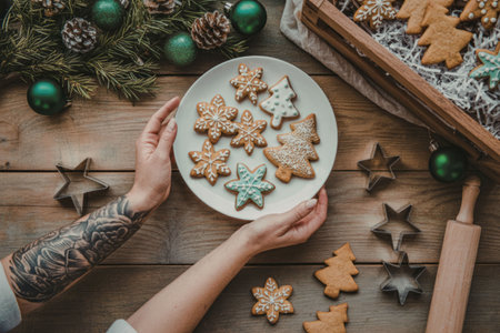 A person's hands holding a plate of assorted Christmas cookies, surrounded by more cookies, a rolling pin, and holiday decorations.の写真素材
