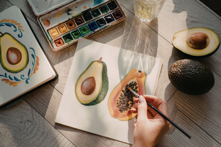 A hand holding a paintbrush painting an avocado with watercolor on a piece of paper, with a palette of paints, another painting of an avocado, and two avocados on a wooden table.の写真素材