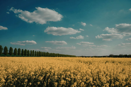 A serene landscape featuring a vast field of yellow flowers stretching towards the horizon, lined with green trees on one side, under a blue sky with scattered clouds.の写真素材