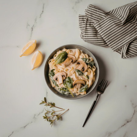 a bowl of pasta with mushrooms and spinach on a white marble table with a fork and lemon wedgesの写真素材