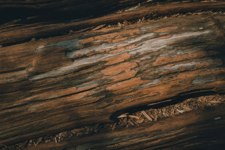 The image shows a close-up view of a weathered wooden surface with visible grain and striations.の写真素材
