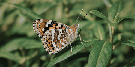 A butterfly with brown, orange, and white wings is perched on a green leaf, surrounded by lush greenery.の写真素材
