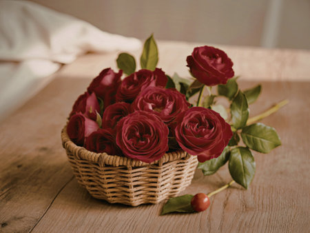 A beautiful arrangement of red roses in a wicker basket on a wooden table with green leaves and a single red berry.の写真素材