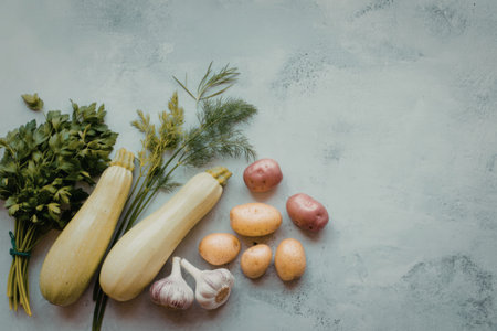 An image of fresh vegetables including zucchini, potatoes, garlic, parsley and dill on a light gray background.の写真素材