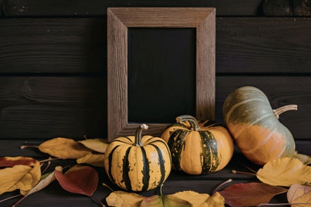 A seasonal display of pumpkins and autumn leaves with a wooden frame on a dark backgroundの写真素材