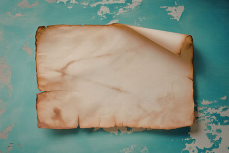 An image of a parchment with a folded corner on a blue background.の写真素材