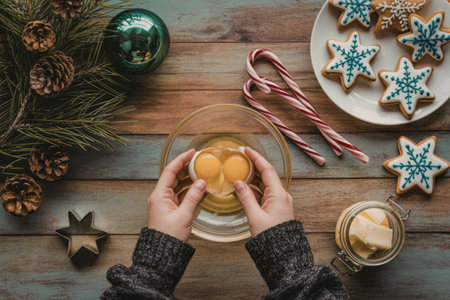 A pair of hands holding eggs on a wooden table surrounded by Christmas decorations, star-shaped cookies, candy canes, and a glass of drink.の写真素材