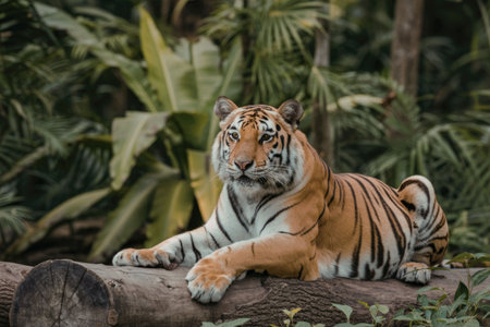 A tiger is resting on a log in a jungle, surrounded by lush greenery and tropical plants.の写真素材