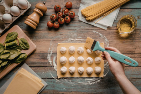 a person preparing homemade ravioli with a rolling pin and various ingredients on a wooden tableの写真素材
