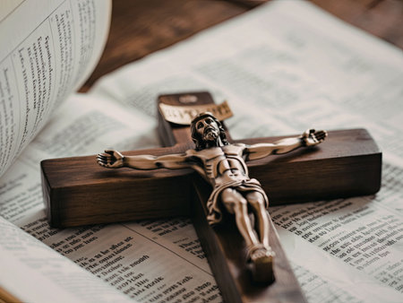 A crucifix with a bronze Jesus Christ on a wooden cross, placed on top of an open book, likely a Bible.の写真素材