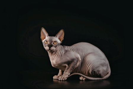 A hairless Sphynx cat sitting on a black background, looking directly at the camera with its large ears perked up and wrinkled skin visible.の写真素材