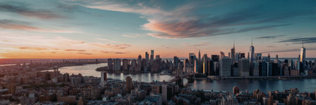 A panoramic view of a city skyline during sunset, showcasing tall skyscrapers and a serene waterfront with a blend of blue, orange, and pink hues in the sky.の写真素材