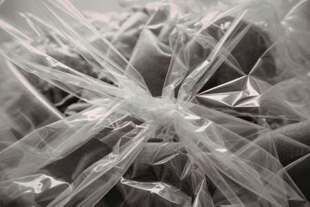 A black and white image of a crushed plastic bag with sharp folds and foldsの写真素材
