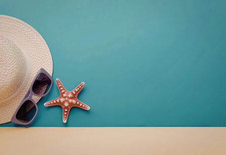 A straw hat, sunglasses, and a starfish on a blue and yellow backgroundの写真素材