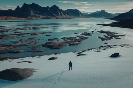 A person wearing a blue jacket and black pants is walking on a snowy terrain, leaving footprints behind. The background features a serene lake with mountains and a clear blue sky.の写真素材
