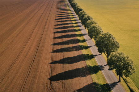 aerial view of a road with trees on one side and fields on the otherの写真素材