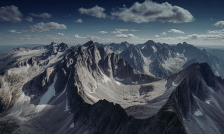 A breathtaking panoramic view of a rugged mountain range under a blue sky with scattered clouds.の写真素材