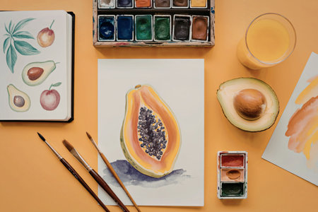A colorful arrangement of fresh fruits, art supplies, and paintings on an orange background, showcasing a papaya, avocado, and artistic tools.の写真素材