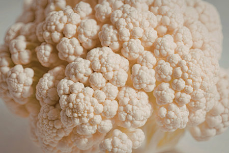 This image presents a detailed close-up of a cauliflower, showcasing its intricate florets and texture.の写真素材
