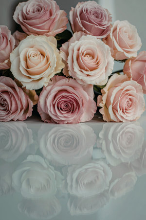 A beautiful arrangement of pink roses placed on a reflective surface, showcasing their delicate petals and soft colors.の写真素材
