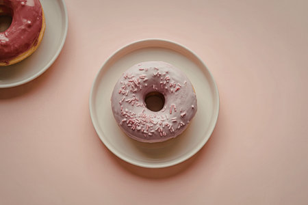 A pink donut on a white plate with another donut partially visible on a separate plateの写真素材
