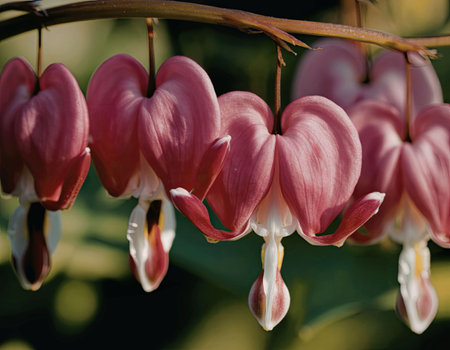 A close-up of pink bleeding heart flowers hanging from a stem with green leaves in the background.の写真素材