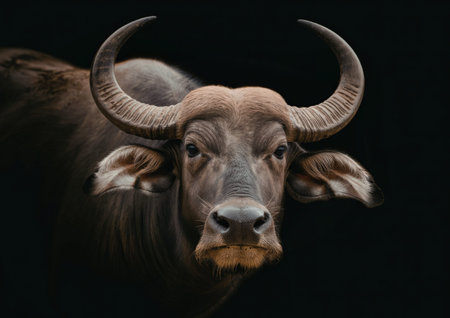 A close-up portrait of an African buffalo with a solid black background, highlighting its distinctive horns and facial features.の写真素材