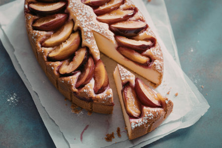 A visually appealing peach tart with a slice cut out, showcasing its flaky crust and beautifully arranged peach slices on top, lightly dusted with powdered sugar.の写真素材