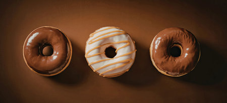 An image of three donuts, two chocolate frosted and one with white and brown stripes, arranged horizontally on a brown surface.の写真素材
