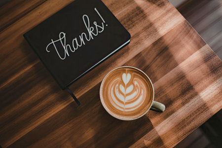 A cup of coffee with a leaf design on top, sitting next to a black notebook with the word 'Thanks!' written on it, both on a wooden table.の写真素材