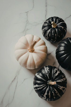 four pumpkins are on a white marble surface. one white pumpkin and three black pumpkinsの写真素材